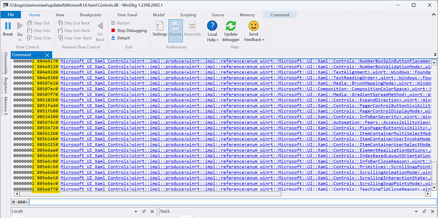 A screenshot of WinDBG showing a dump of all symbols matching a pattern.