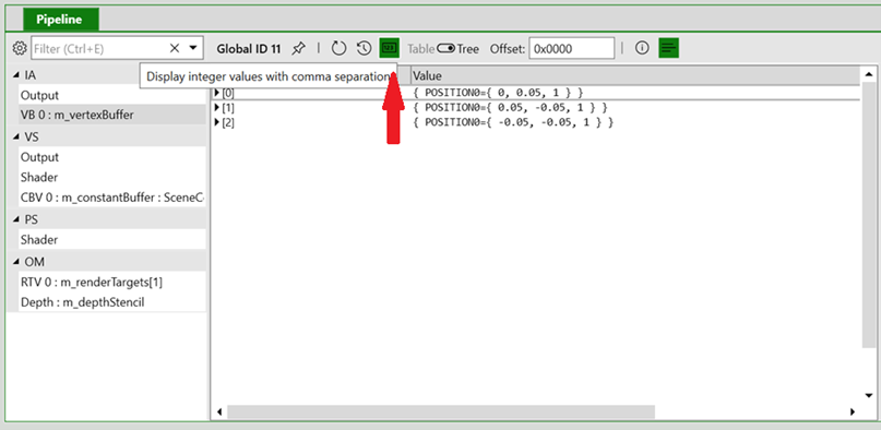 Screenshot of PIX Buffer Viewer with an arrow indicating the button to toggle integer values with comma separation.
