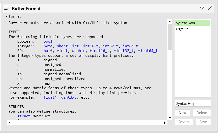 Screenshot of the Syntax Help window in the Buffer Formatter in PIX
