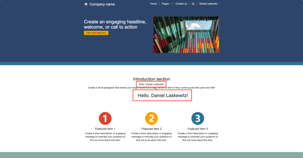 Power Pages website with the highlighted and magnified greeting 'Hello, Daniel Laskewitz!'