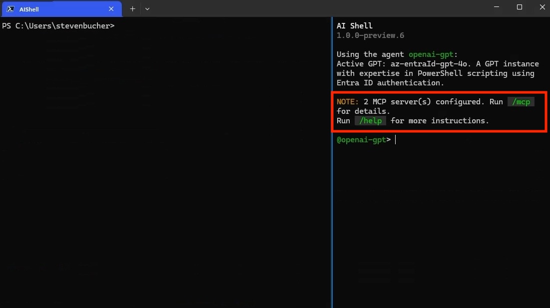 Screenshot of MCP servers registered in AI Shell