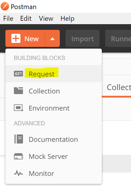 Postman ile Edit View Help I m Dort aUll.ulNG BLOCKS Request E Collection Environment ADVANCFD Documentation Mock Server Monitor Runt Collect 