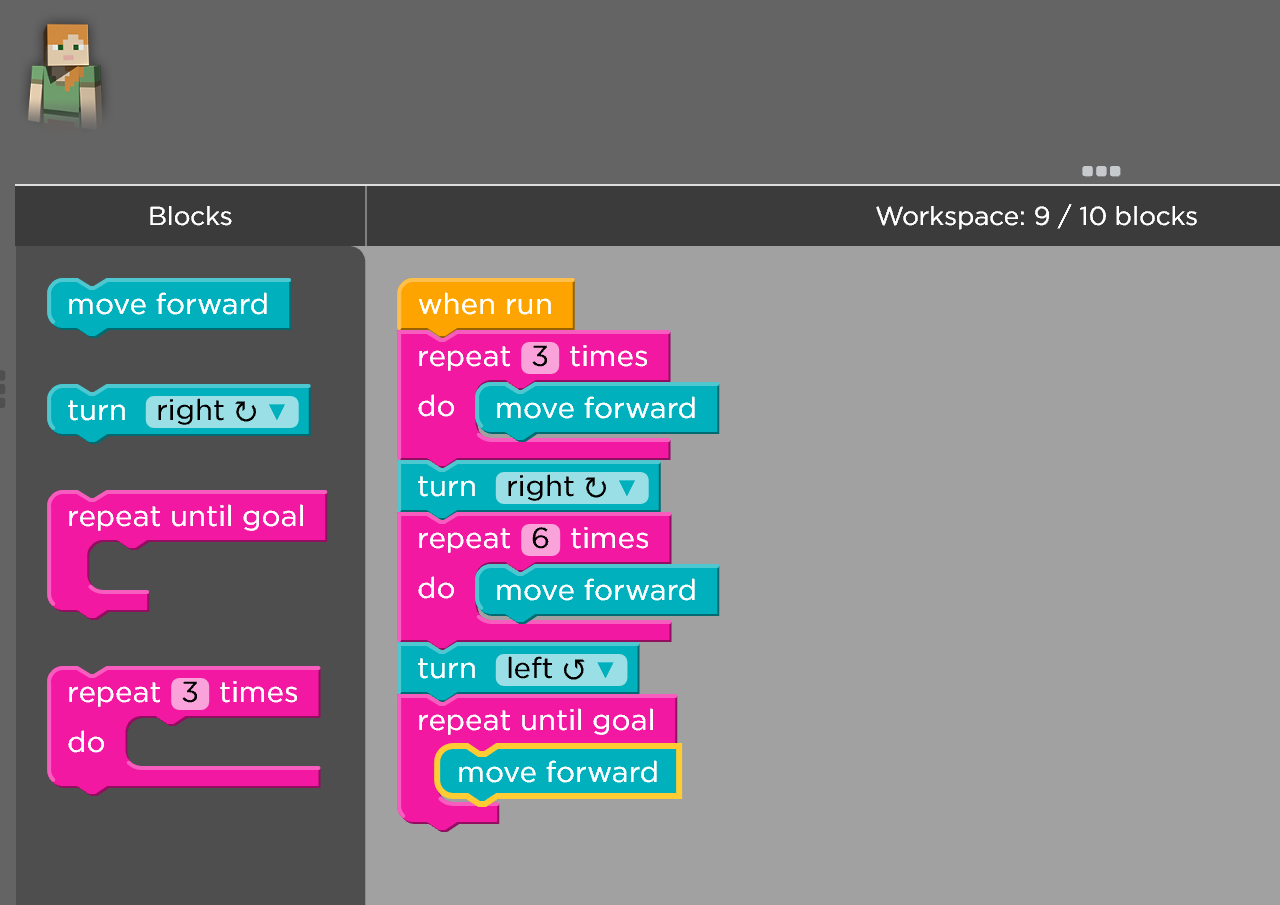 The Hour of Code Minecraft interface, with model world on the left
