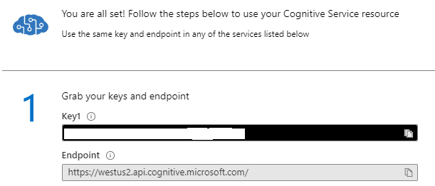 Image of the Azure Cognitive Services key and endpoint information.