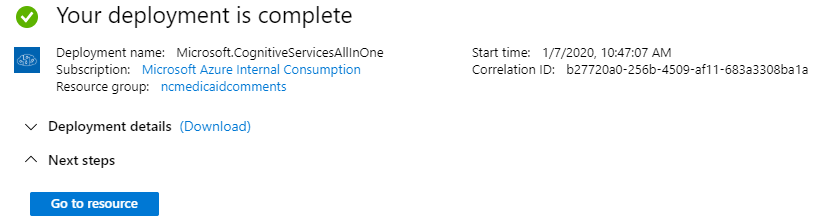 Image showing your deployment of the Azure Cognitive Services is complete