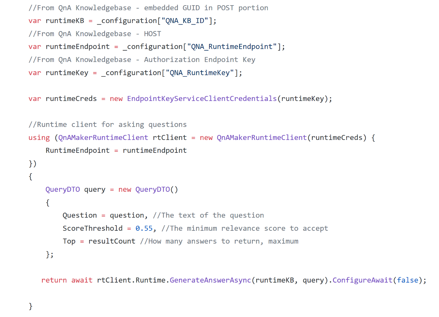 Screenshot of C# call to the QnA Maker runtime API's GenerateAnswer method.