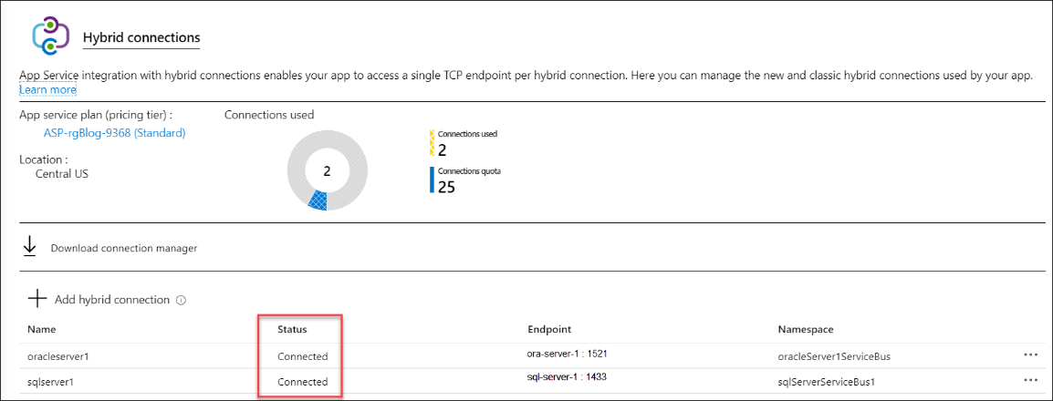 Machine generated alternative text: Hybrid connections App Service integration with hybrid connections enables your app to access a single TCP endpoint per hybrid connection. Here you can manage the new and classic hybrid connections used by your app. Learn more App service plan (pricing tier) : ASP-rgBlog-9368 (Standard) Location : Central US Download connection manager + Add hybrid connection G) Name oracleserverl sqlserverl Connections used Status 2 Connected Connected Connections used 2 Connections quota 25 Endpoint ora-server- 1 sql-server- 1 1521 1433 Namespace oracleServer1 Servicea us sqlServerService8us1 