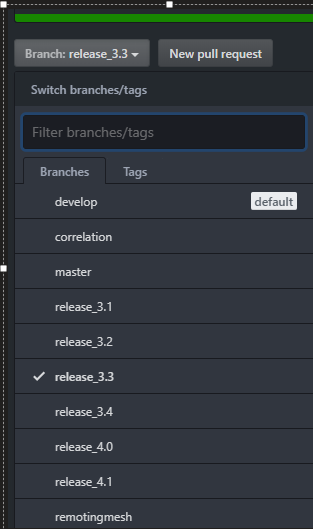 Machine generated alternative text: Switch branches/tags Filter branches/tags Branches develop Tags release 3.1 release 3.2 release 3.3 release 3.4 release 4. I rem otingrnesh 