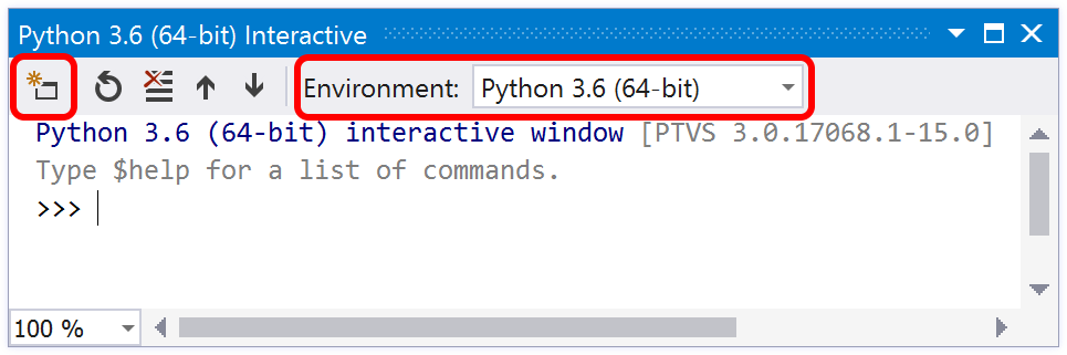 Python interactive window with toolbar elements highlighted