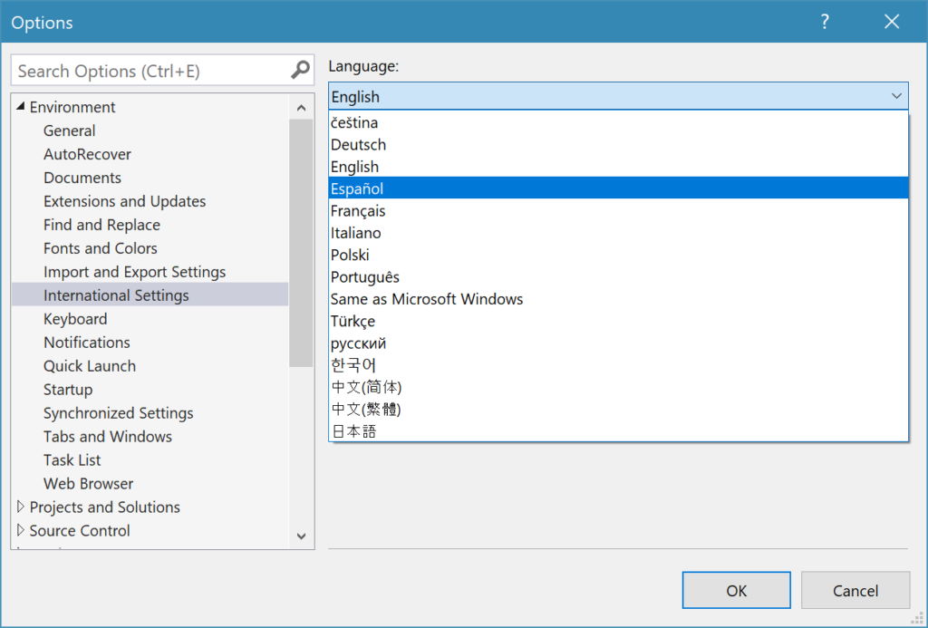 Visual Studio Language selection screen