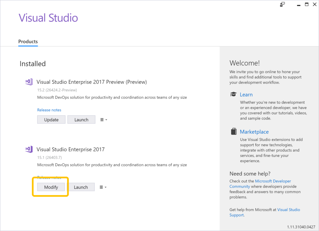 Visual Studio installer showing the Modify button for release while Preview is installed