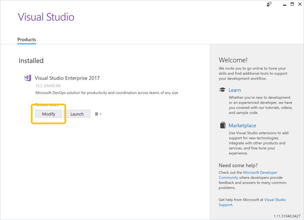 Visual Studio installer showing Modify button for release