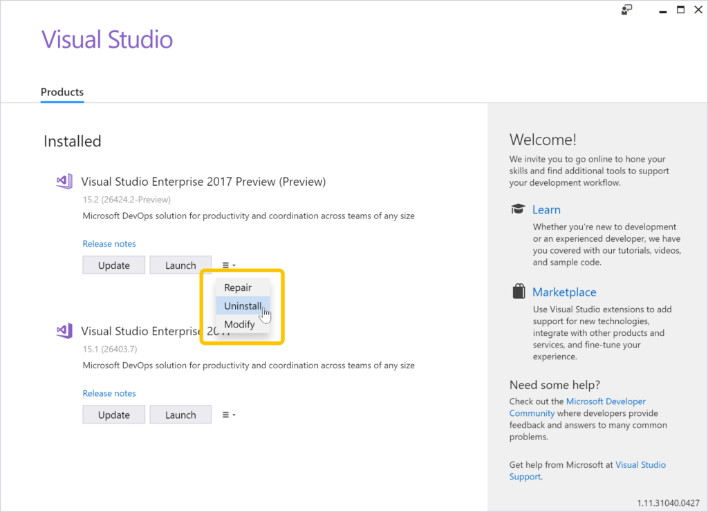 Visual Studio installer showing Uninstall selected for Preview