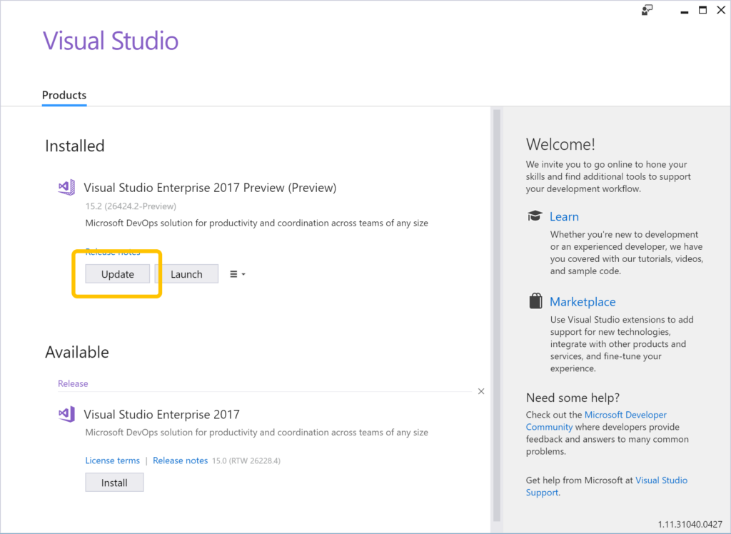 Visual Studio installer showing Update for Preview