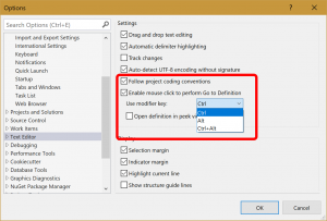 Options dialog showing settings that can be changed for Ctrl+Click Go To Definition