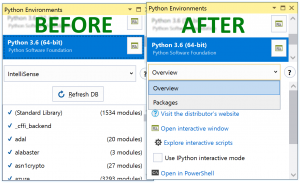 Python Environments window before and after disabling the completion DB