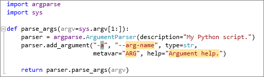 In the editor adding an argparse snippet.