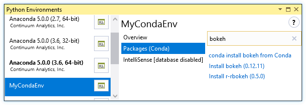 Install package from conda in the Python environments window