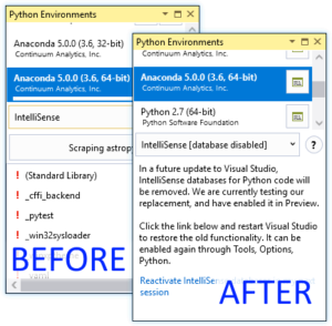 Before and after images of the IntelliSense pane of the Python Environments window