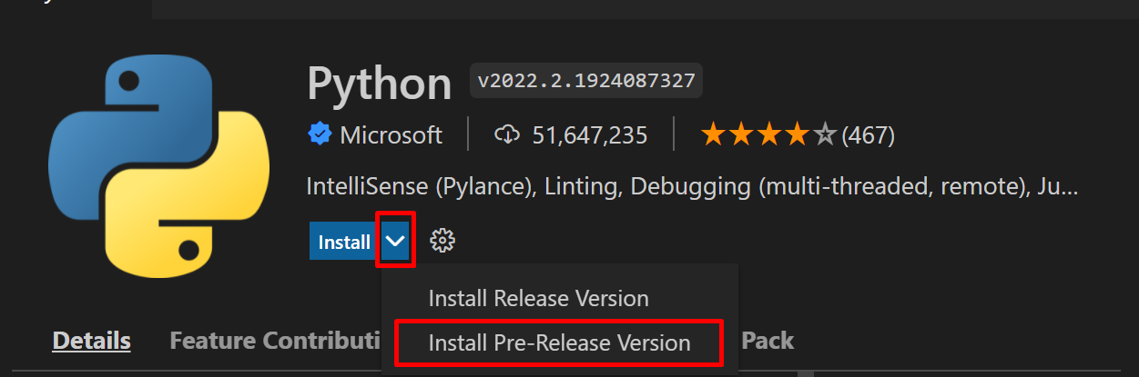 Install pre-release version button under drop down menu next to install button on the Python extension page