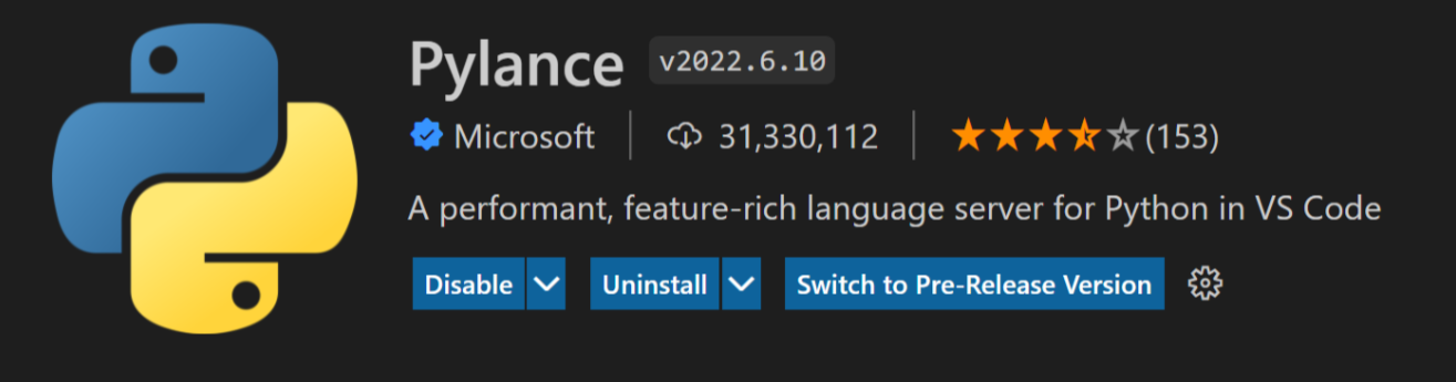 Switch to pre-release version button in VS Code's extension view when opening the Pylance extension
