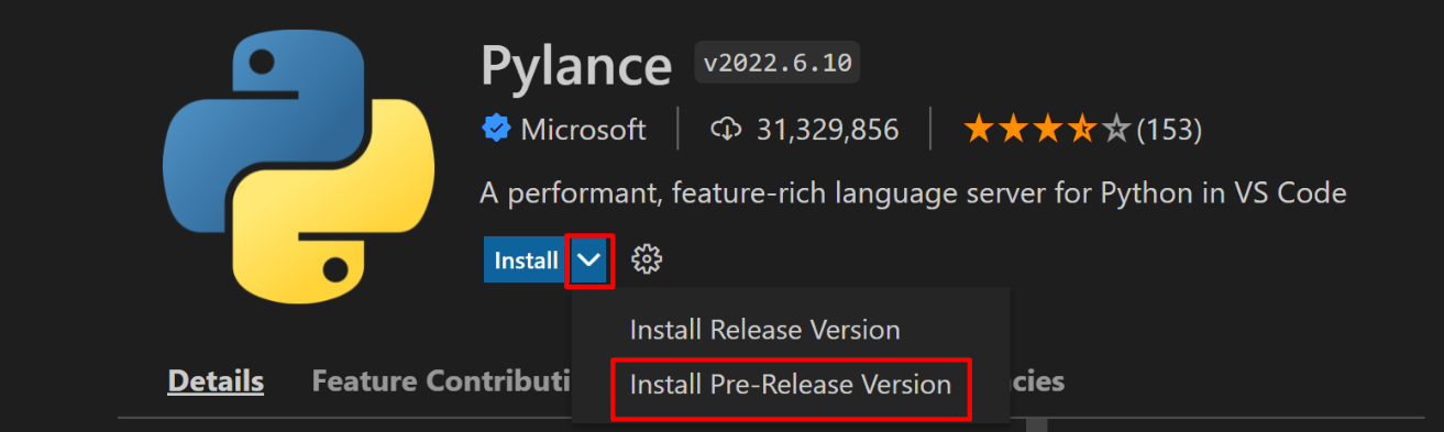 Switch to pre-release version option when Pylance is not installed in VS Code 