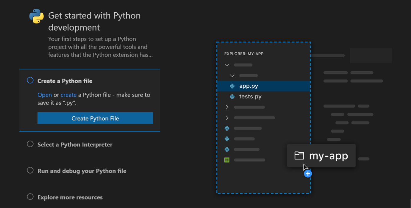 Python extension walkthrough with a create Python file button.