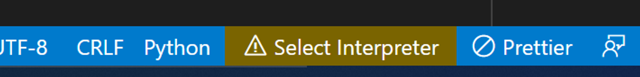 A warning icon and a different background color is displayed on the status bar when the selected Python interpreter is invalid.