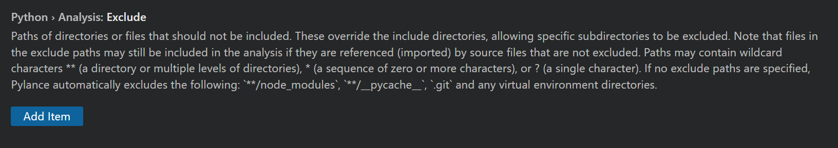 Description of the python.analysis.exclude setting as shown by in VS Code's setting UI page. 