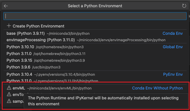 Jupyter feature showing Conda environments without Python installed in them