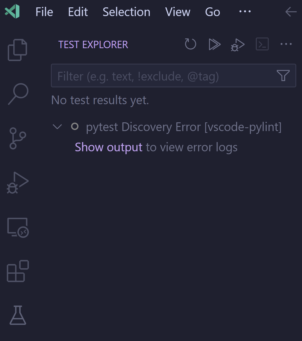 Image showing the "Show Output" on test discovery errors.