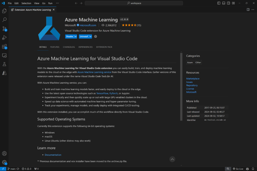 Image AzureML VSCode Marketplace