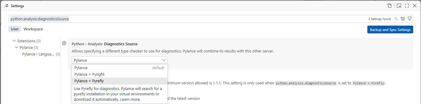 Screenshot of the **Python › Analysis: Diagnostics Source** setting expanded