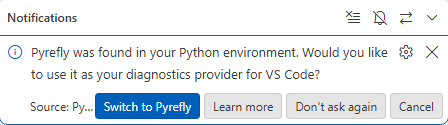 Toast asking "Pyrefly was found in your Python environment. Would you like to use it as your source of diagnostics in VS Code?"
