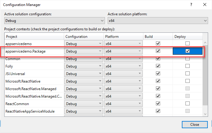 The Visual Studio configuration to deploy only the WAP project
