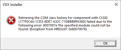 Retrieving the COM class factory for component with CLSID {177F0C4A-1CD3-4DE7-A32C-71DBBB9FA36D} failed due to the following error: 8007007e The specified module could not be found. (Exception from HRESULT: 0x8007007E).