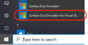 Start menu showing the Surface Duo emulator item