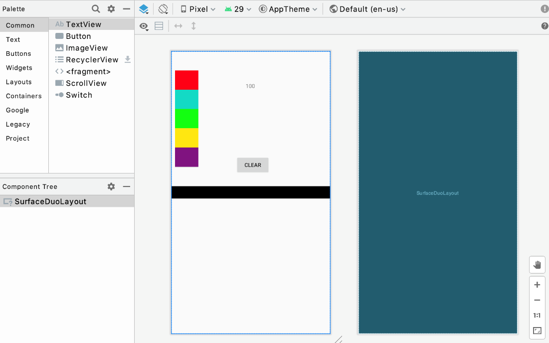 Android Studio design preview with color palette