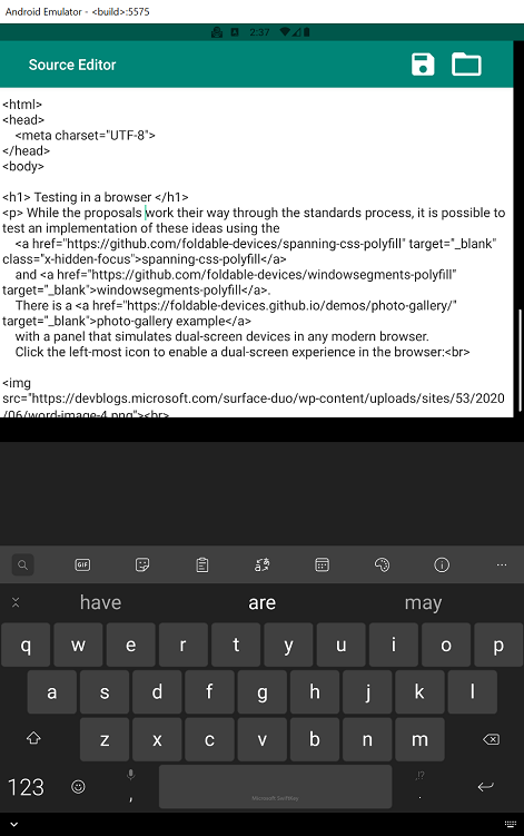 Editor view with keyboard companion (landscape)