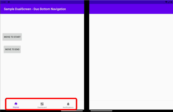 Surface Duo emulator showing bottom navigation on the left screen