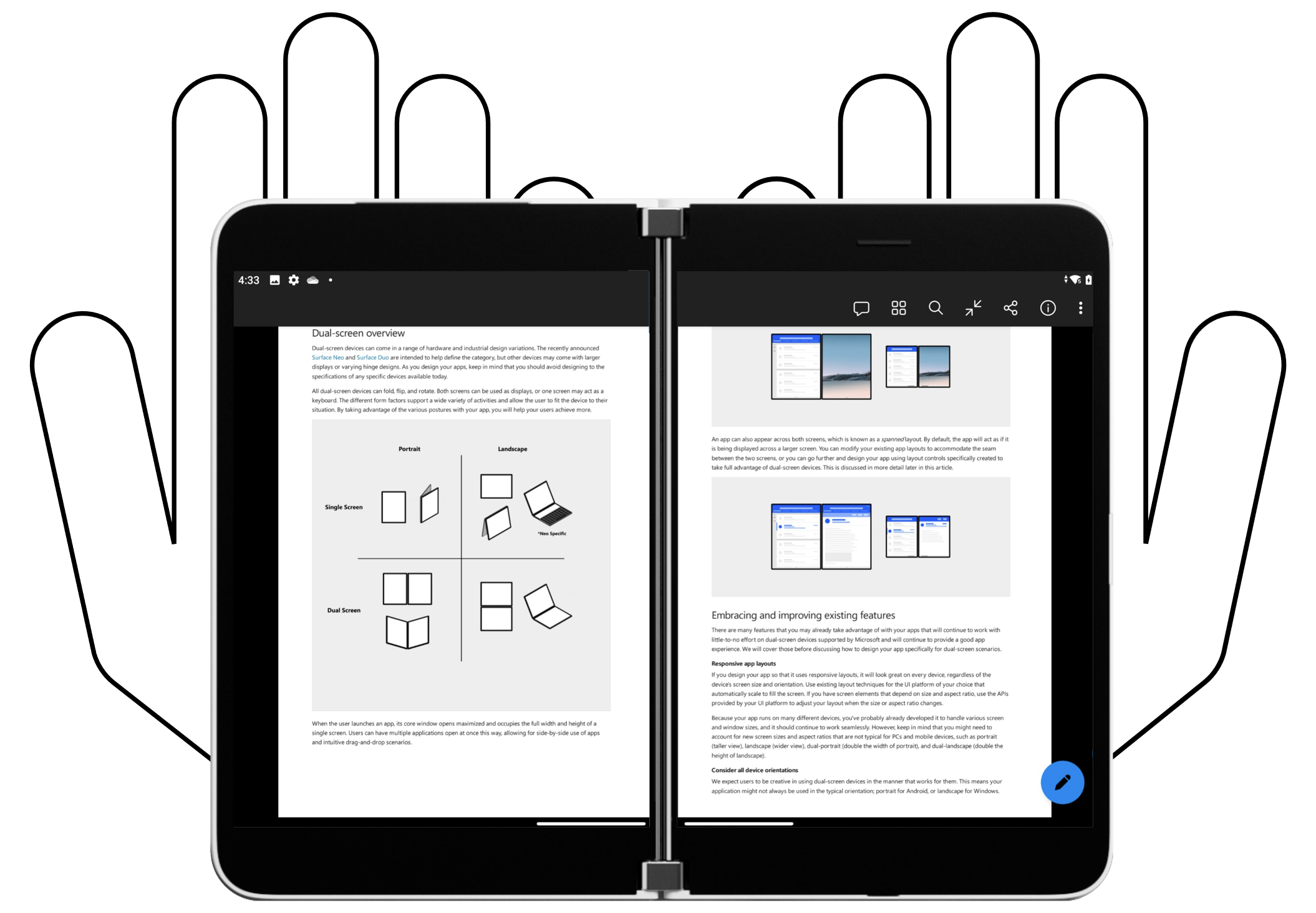 Surface Duo reading a document across both screens