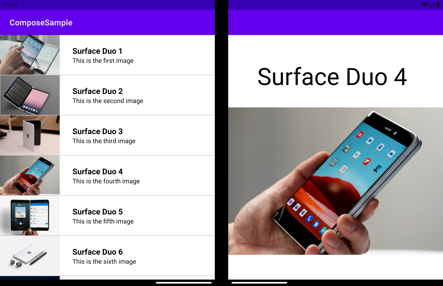 Dual-screen Jetpack Compose sample on Surface Duo emulator