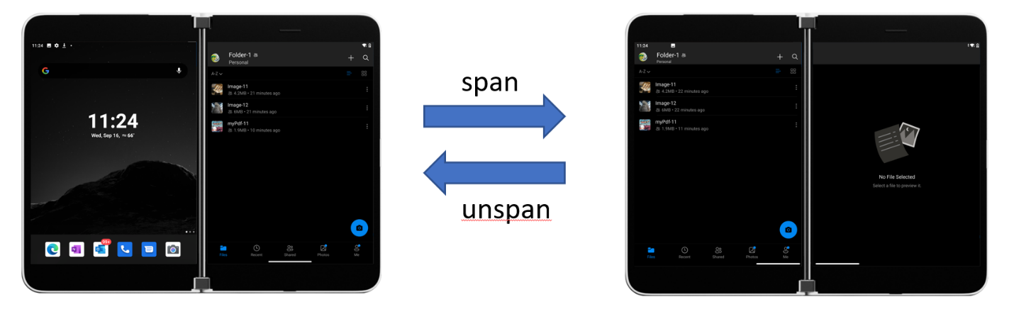 Two Surface Duo devices showing OneDrive on one screen and then two screens