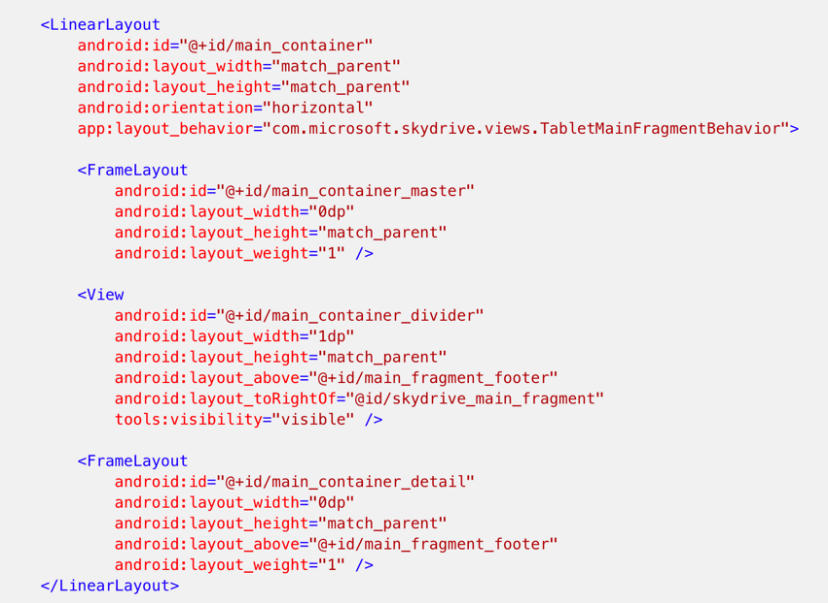 Android XML source code for a list-detail layout