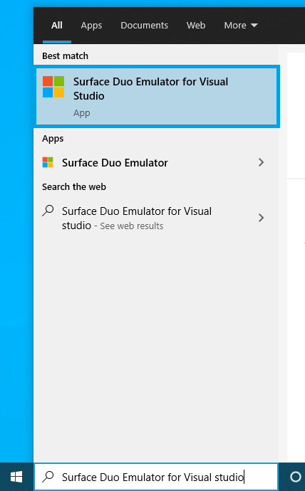 Start menu showing Surface Duo emulator option