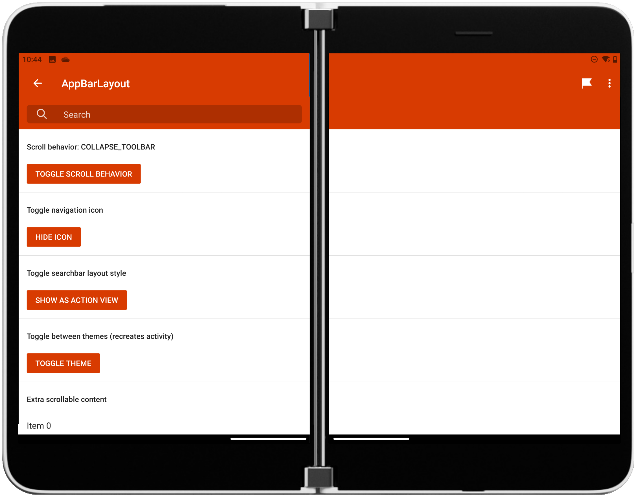 Surface Duo showing the app bar layout