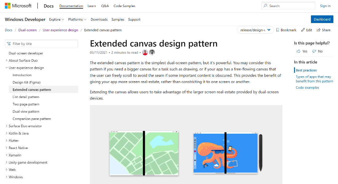 Screenshot of the Surface Duo design documentation website