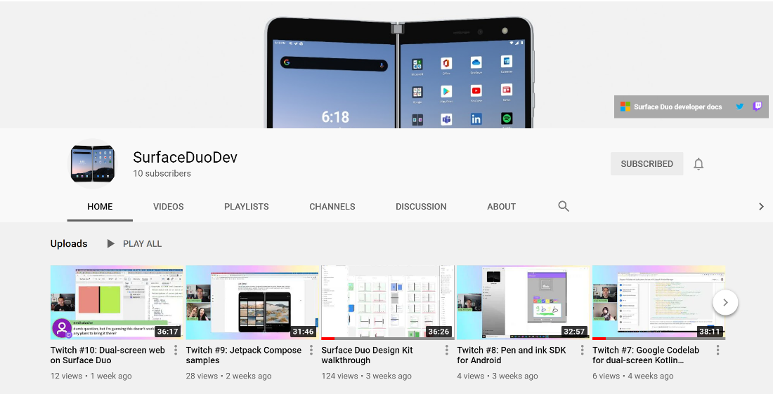 Screenshot of the SurfaceDuoDev YouTube page