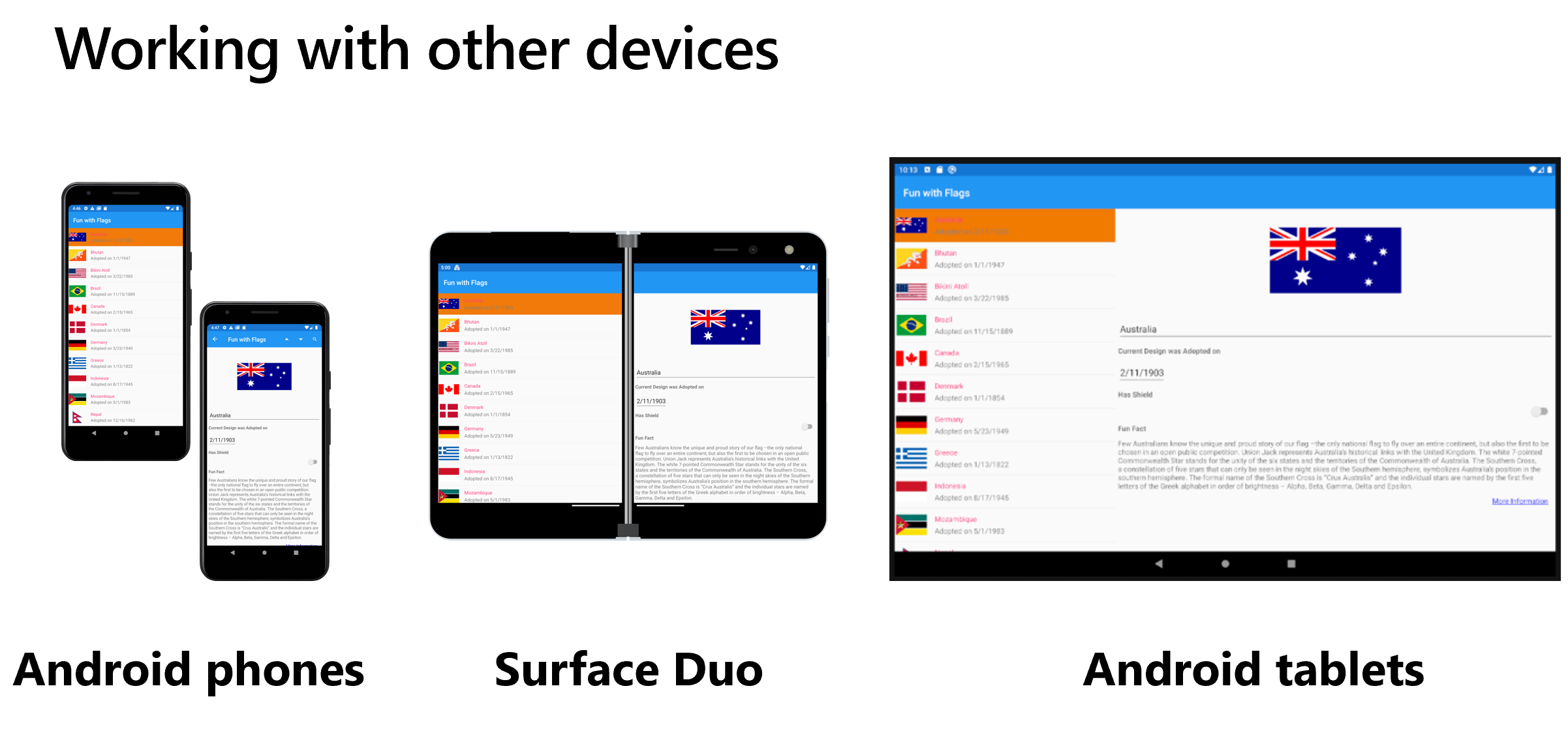 Sample country flags app running on three different devices: a pixel phone, a Surface Duo, and a tablet