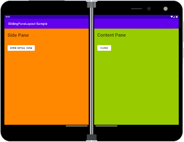 face Duo showing SlidingPaneLayout sample app on both screens, showing the primary view with an orange background and the secondary view on the second screen with an orange background